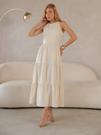 Vestido Longo Alfaiataria Sem Manga Zíper nas Costas Flora