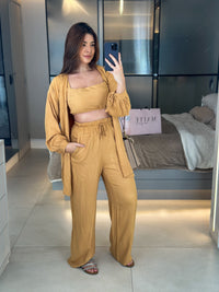 Conjunto Feminino Luna 3 Peças em Twill – Kimono, Calça Pantalona e Top