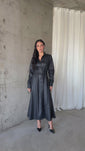 Stories de Vestido midi couro PU acinturado manga longa com bolsos laterais e botões forrados elegante e sofisticado Tereza