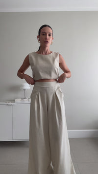 Stories de Calça Pantalona de Linho Cintura Alta com Elástico e Bolso Lateral Carmela Areia