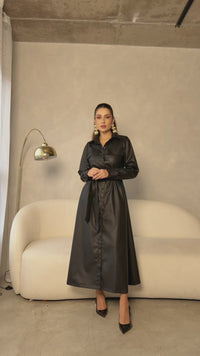 Stories de Vestido midi couro PU acinturado manga longa com bolsos laterais e botões forrados elegante e sofisticado Tereza