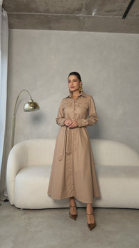 Stories de Vestido midi couro PU acinturado manga longa com bolsos laterais e botões forrados elegante e sofisticado Tereza