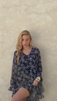 Stories de Vestido Estampado Manga Longa Manu em Crepe – Floral Elegante