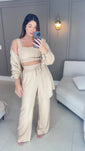 Stories de Conjunto Feminino Luna 3 Peças em Twill – Kimono, Calça Pantalona e Top
