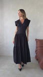 Stories de Vestido Midi Alfaiataria Ombro Estruturado Saia Evasê Três Marias Lanay