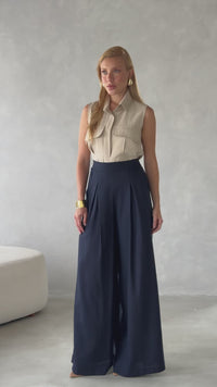 Stories de Calça Pantalona Alfaiataria Cintura Alta com Elástico e Bolso Lateral Carmela
